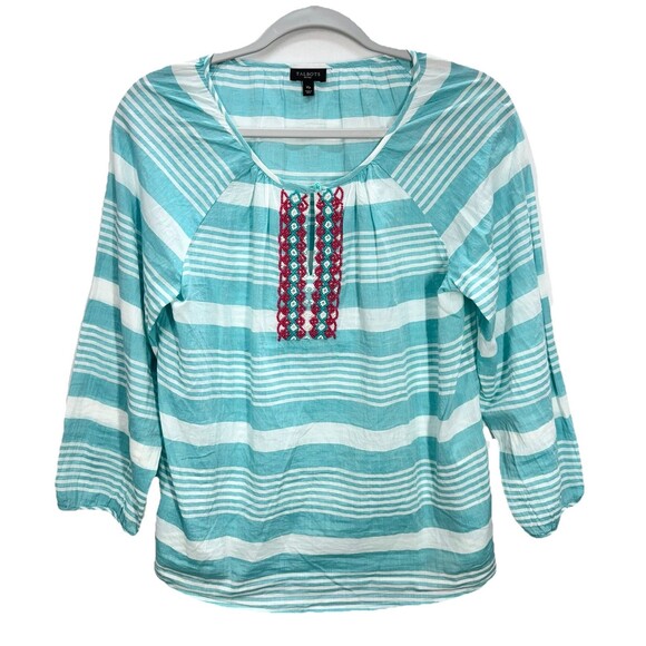 Talbots Peasant Beaded Top Womens MP Blue Stripe Long Sleeve Keyhole Lightweight - Picture 2 of 8